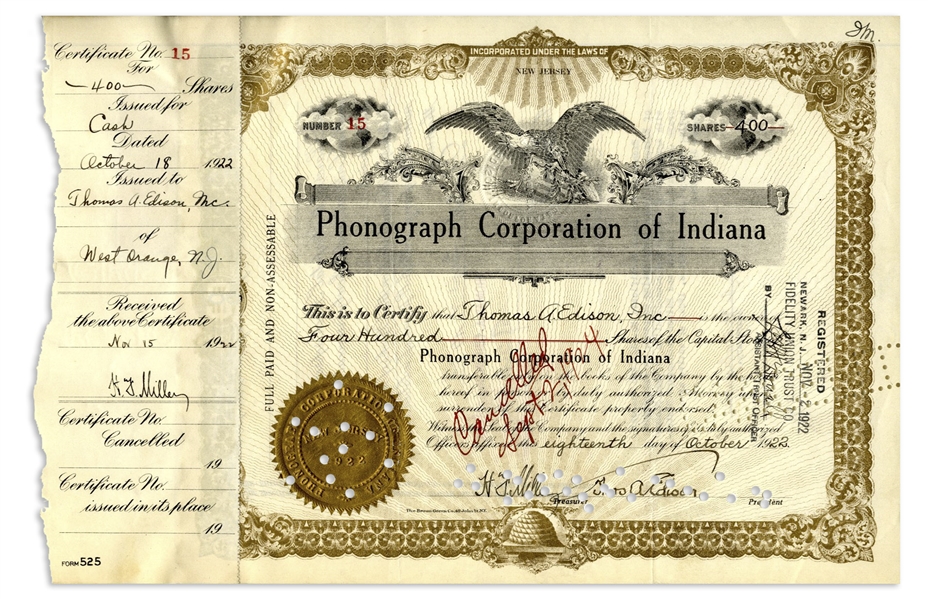 Thomas Edison Stock Signed for the Phonograph Corporation of Indiana